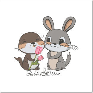 Rabbit & Otter Giving Tulips Posters and Art